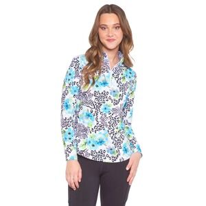IBKUL Sz S Sun Shirt Long Sleeve Quarter Zip Floral Animal Mesh Underarm UPF 50